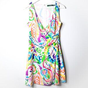 LAUREN RALPH LAUREN Multi-Color Print Faux Wrap Sleeveless Dress - Size 2P